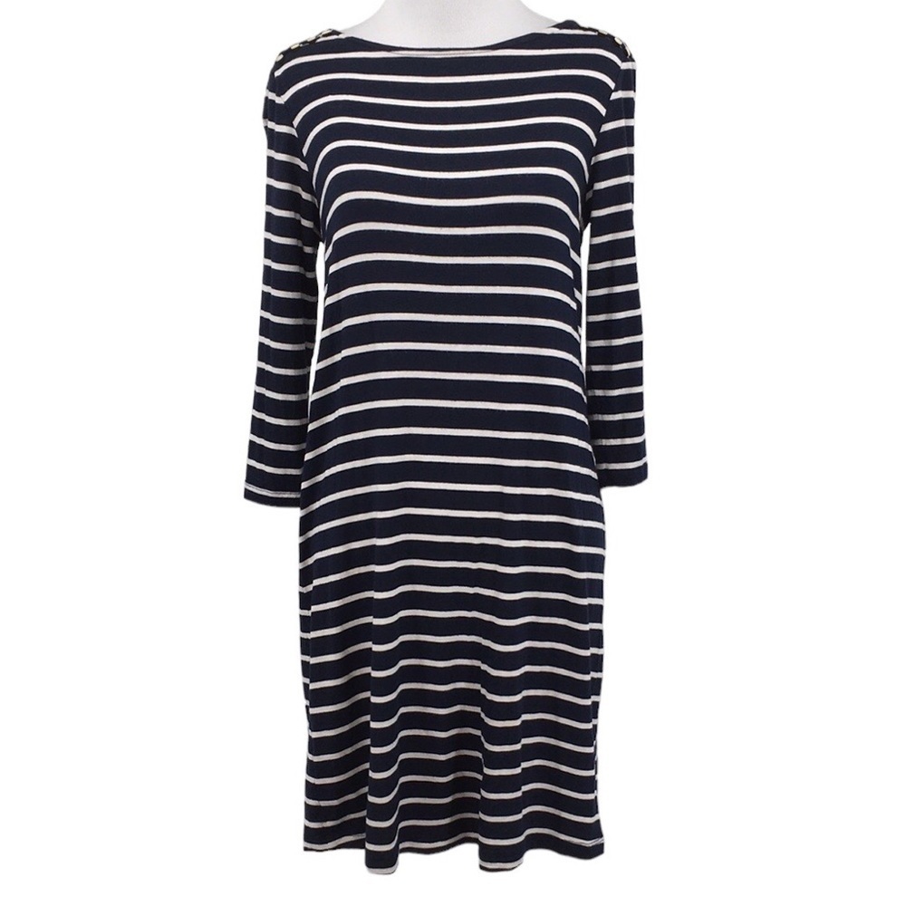 Amour Vert Sweater Dress Womens XS Navy Blue White Striped Knit 3/4 Sleeve‎